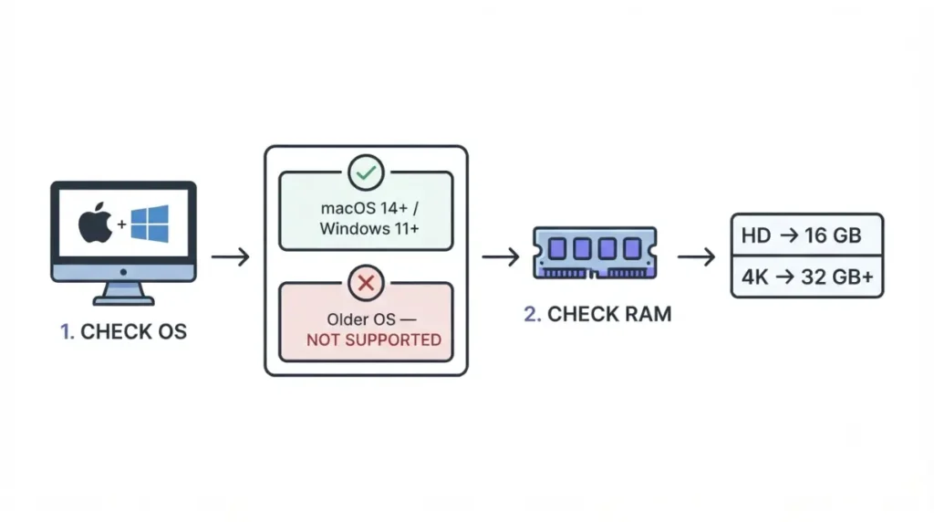 Descript Requirement compatibility check showing operating system first and RAM second