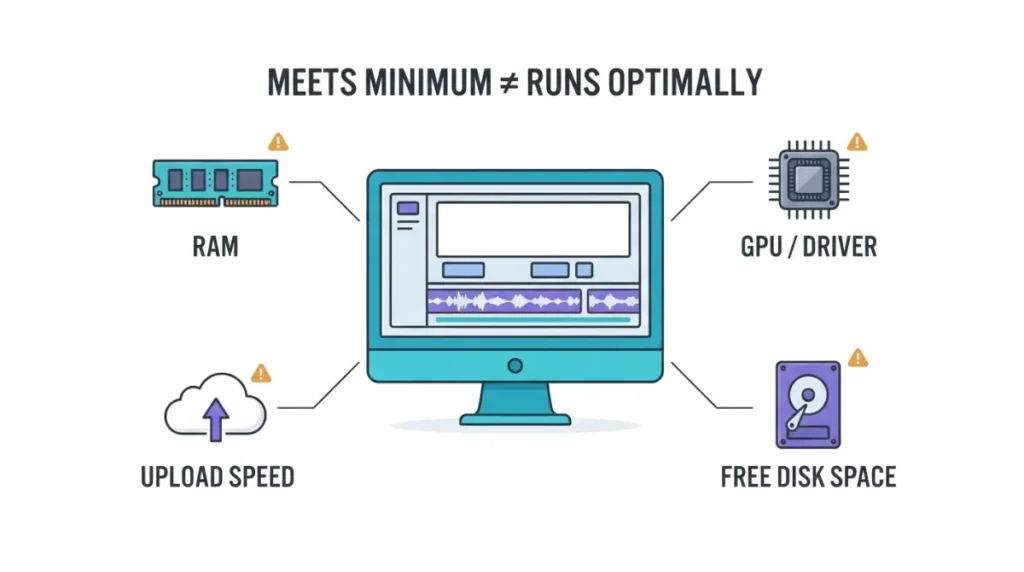 Descript Requirement performance factors including RAM, GPU drivers, storage and upload speed