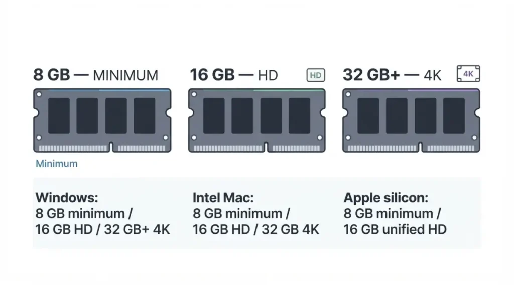 Descript Requirement RAM comparison showing 8GB minimum, 16GB for HD and 32GB or more for 4K