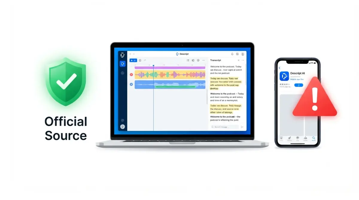 Descript safe download overview showing official desktop app and unofficial mobile app warning