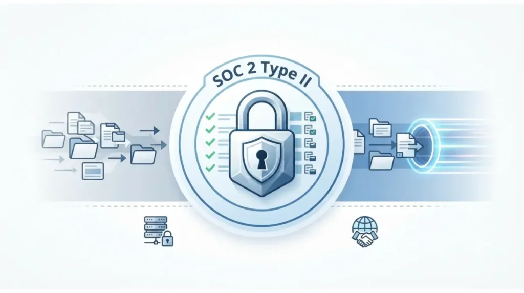 Descript safe security architecture with AES-256 encryption lock and SOC 2 Type II audit badge