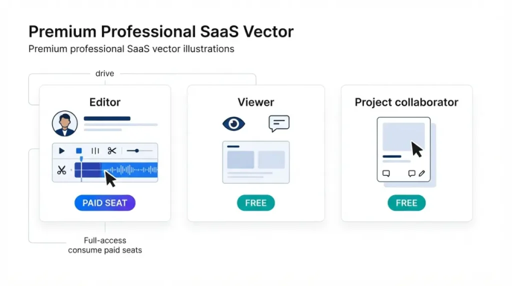 Descript seats comparison showing paid Editors and free Viewers and project collaborators