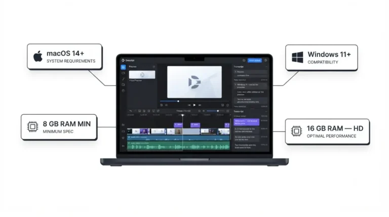 Descript Requirement guide showing macOS 14, Windows 11 and RAM requirements