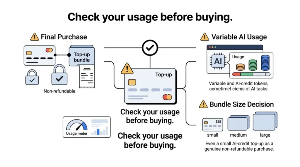 Descript Top-Up Cost buyer guide showing non-refundable purchases and variable AI credit usage