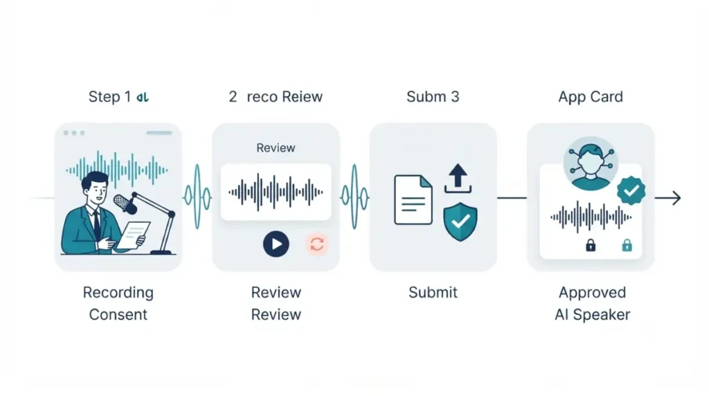 Consent recording workflow for an AI voice clone: a speaker records a statement, reviews the waveform, submits verification, and receives an approved AI speaker profile.