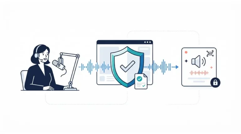 Consent verification for AI voice cloning shown as a speaker recording into a microphone, with an audio waveform passing through a security shield to an approved AI voice profile.