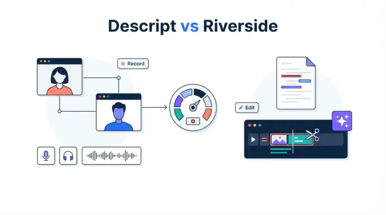 Descript vs Riverside workflow comparison showing remote recording and transcript-based video editing