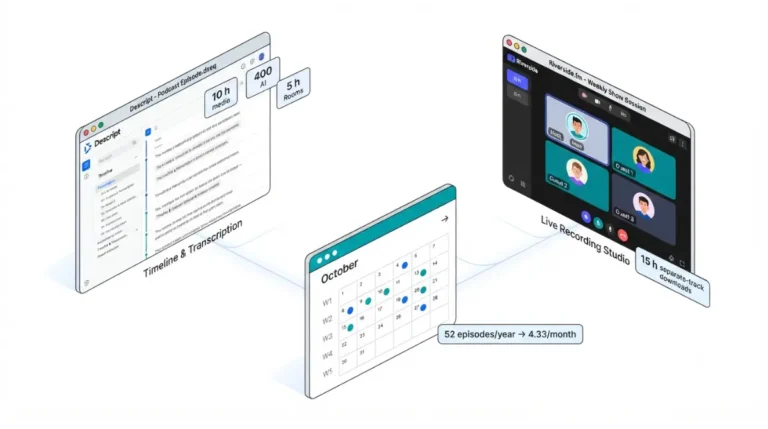 Vector illustration of a weekly podcast planning dashboard showing Descript and Riverside Editor limits and a 52‑episodes‑per‑year calendar