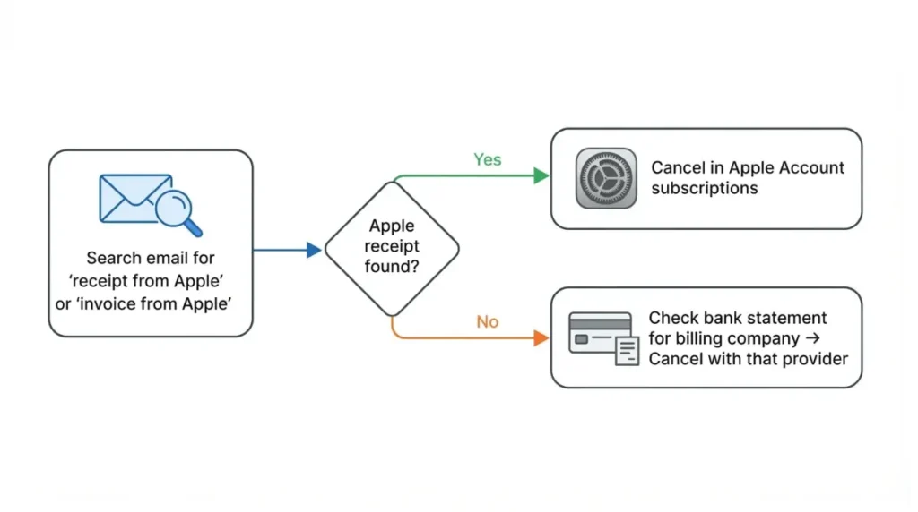 Flowchart showing how to find who bills your CapCut Pro using email receipts and bank statements