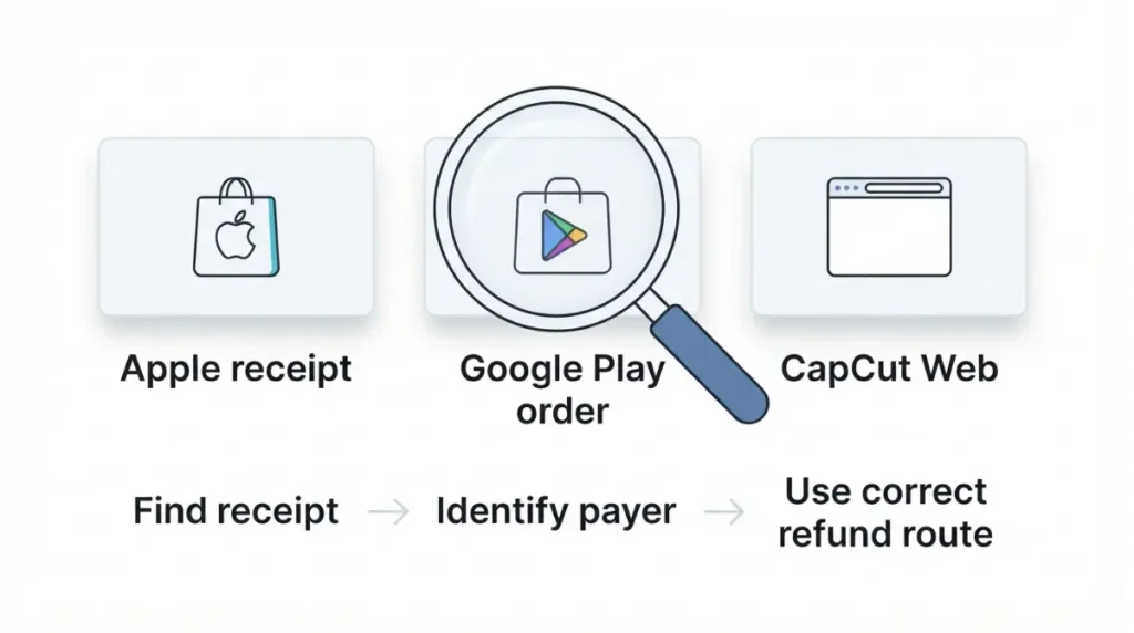 CapCut Refund receipts showing whether Apple, Google Play or CapCut billed the subscription