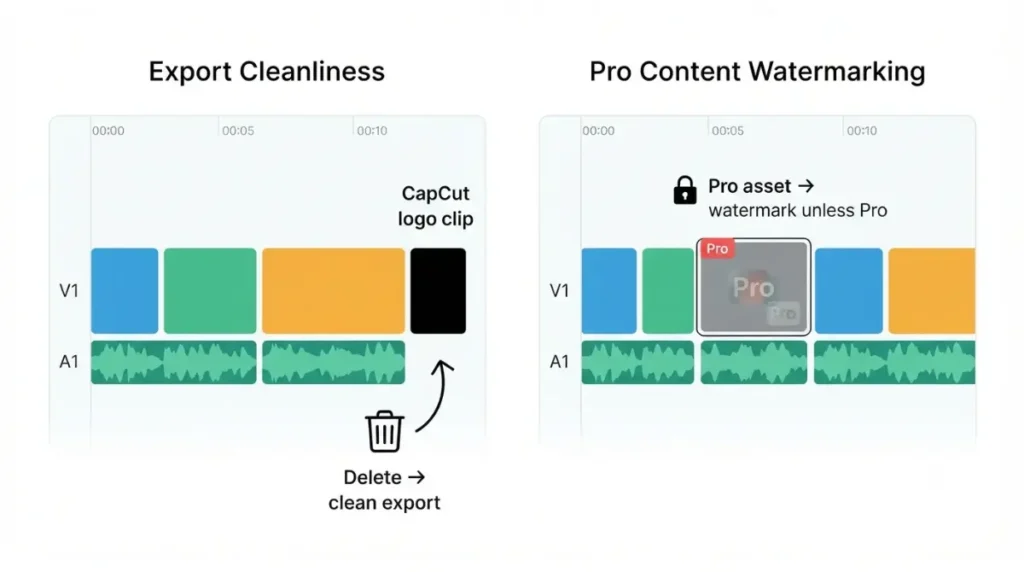 Is CapCut adding a watermark? Diagram comparing removable ending clip and Pro asset watermark on free plan