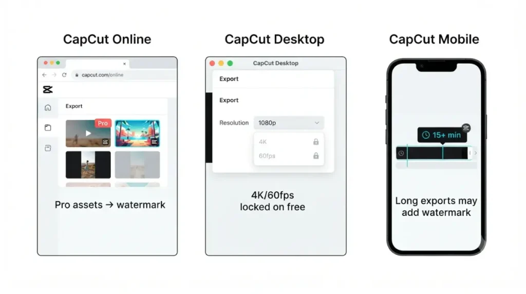 Is CapCut free on all platforms? Vector showing Online, Desktop and Mobile export limits like Pro assets, 4K/60fps lock and long video watermark