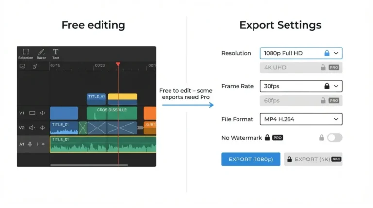 Is CapCut free to use? Vector showing free editing but locked 4K, 60fps and No Watermark exports on Pro