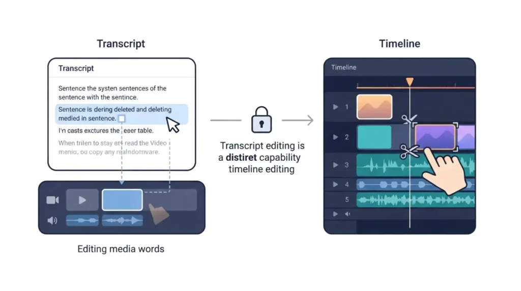 Resolve timeline editing compared with transcript-based editing that removes matching video clips