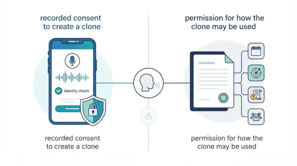Consent for creating an AI voice clone compared with a separate written agreement that controls approved use, duration, payment, privacy, and sharing rights.