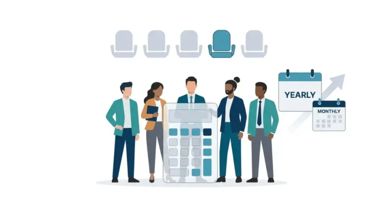 Canva Business pricing illustration showing yearly versus monthly cost for a five-seat team