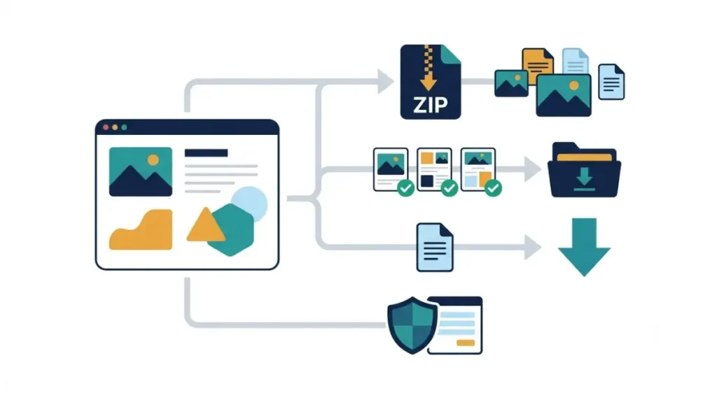 Four Canva export options illustrated: account-wide ZIP, multi-select download, single design export, and privacy request