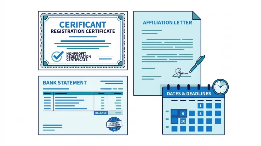 Canva for Nonprofits application documents including registration papers, bank statements, and affiliation letters.