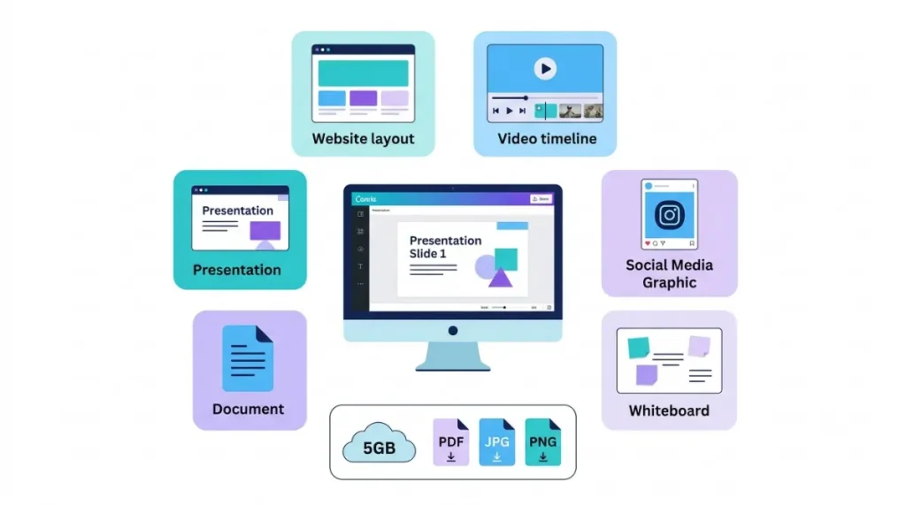 Canva Free features illustrated with design templates, documents, presentations, collaboration tools and 5GB cloud storage. Copy alt text