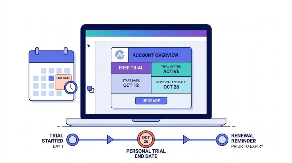 Canva free trial calendar illustration showing the start date, trial end date, and renewal reminder