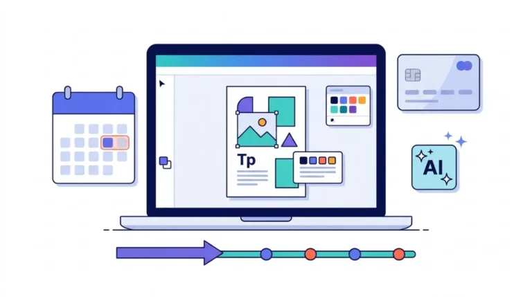 Canva free trial overview with design software dashboard, calendar, payment card, and AI feature icons