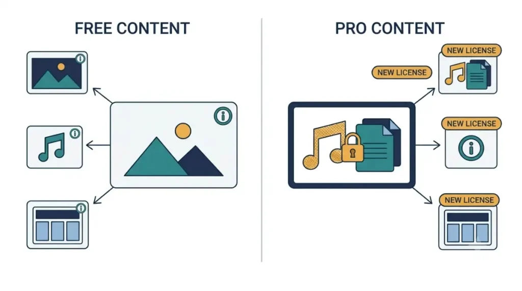 Canva License comparison vector illustration showing Free Content reuse across designs and Pro Content’s one-design license rule.