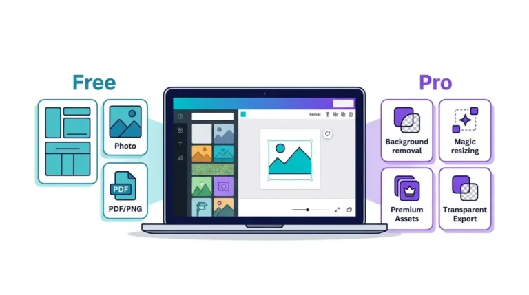 Canva Free vs Pro comparison showing a design editor, free templates, background remover and premium features. Copy alt text