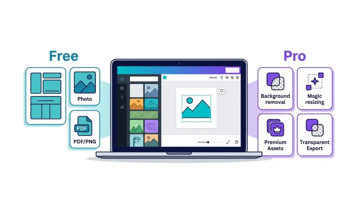 Canva Free vs Pro comparison showing a design editor, free templates, background remover and premium features. Copy alt text