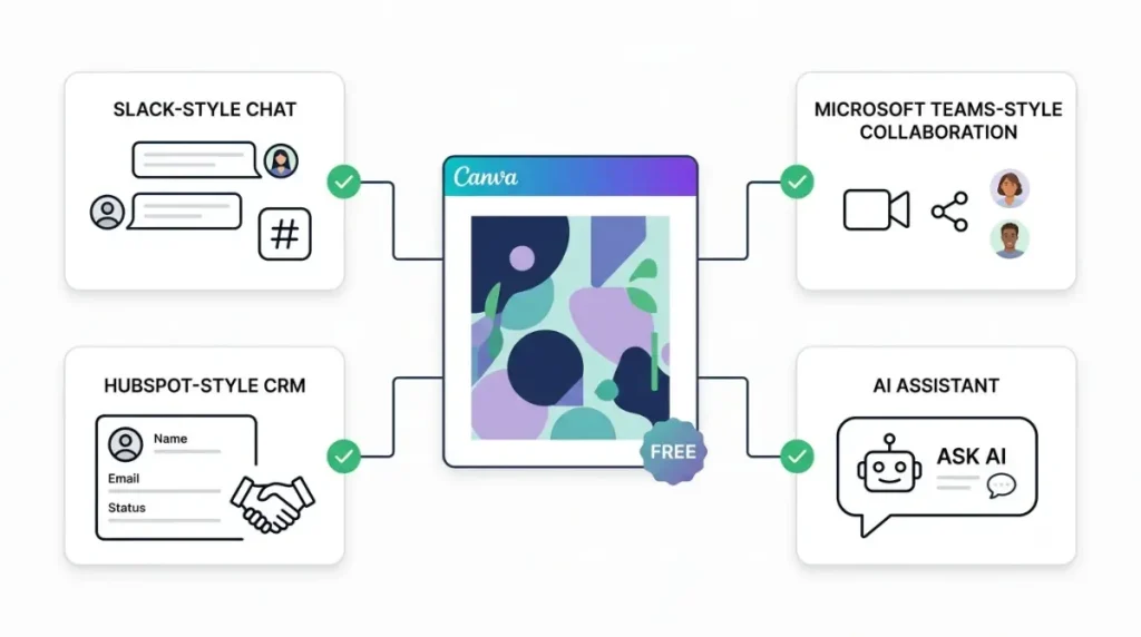 Canva Integrations available on the Free plan, including Slack, Microsoft Teams, HubSpot and AI assistants
