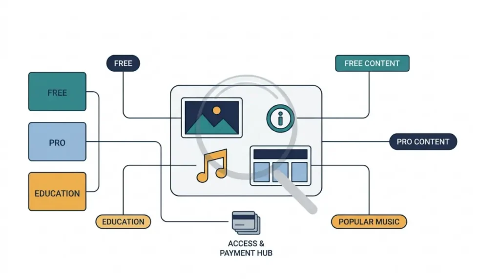 Canva License follows individual content items in a design rather than the user’s Free, Pro, or Education plan, shown in a vector illustration.