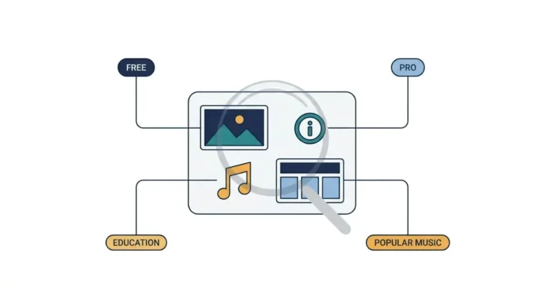 Canva License types explained with a vector illustration showing Free, Pro, Education, and Popular Music content in one design.