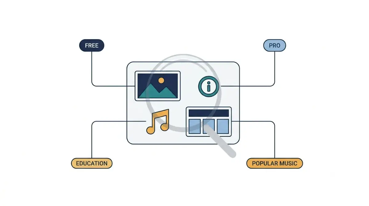 Canva License types explained with a vector illustration showing Free, Pro, Education, and Popular Music content in one design.