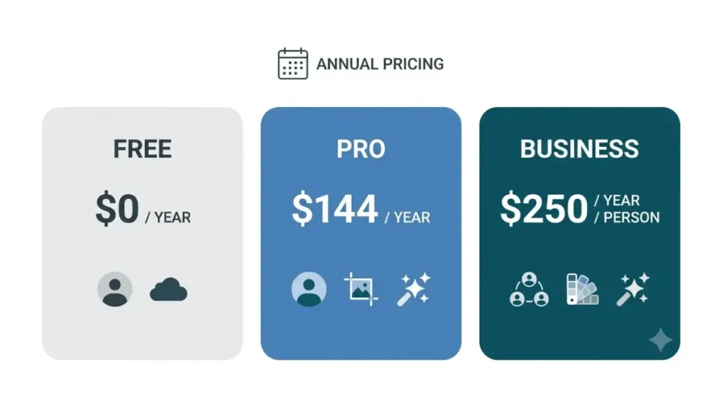 Canva Pricing tiers illustrated with Free, Pro and Business storage, Brand Kits and annual costs