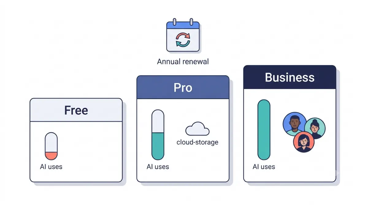 Canva Pro pricing plans and AI limits compared with Free and Business in a clean vector illustration