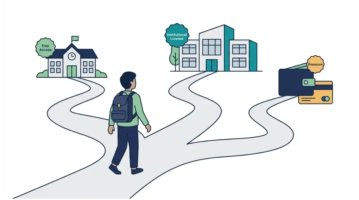 Canva Student Discount access routes showing free K-12 Education, institution-provided Campus access, and self-paid Canva Pro