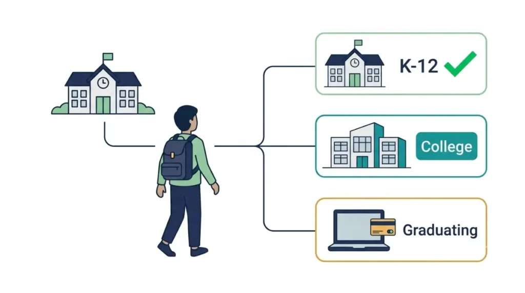 Canva Student Discount decision tree for K-12 students, college students, and graduating students choosing the right Canva route