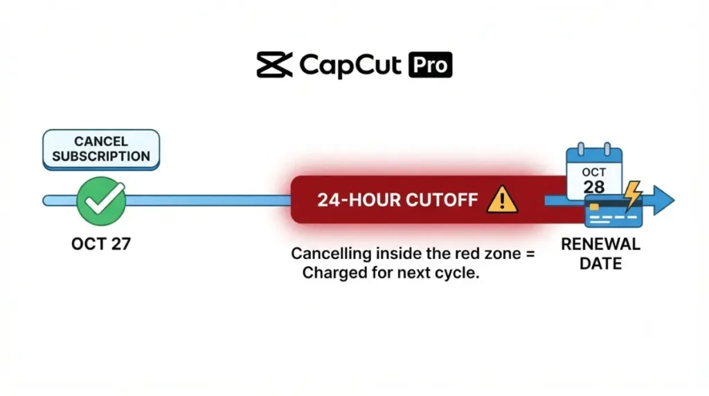 CapCut Charged due to missed 24-hour cutoff — timeline vector showing renewal date and cancellation deadline