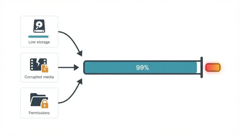 CapCut Export Stuck at 99% causes: low storage, corrupted media, and file permissions shown in a vector diagram.