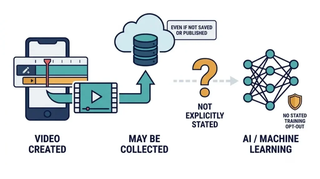 CapCut AI training illustration showing users Own their videos while collection and machine-learning use remain not explicitly stated