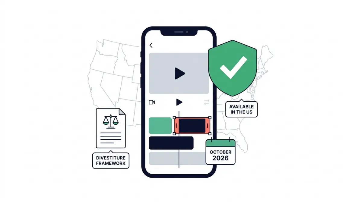 Is CapCut Banned in the US? Vector illustration showing CapCut remains available in the US under the TikTok divestiture framework in October 2026