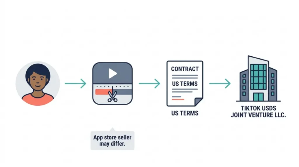 CapCut Banned status explained: vector diagram showing US users contract with TikTok USDS Joint Venture LLC under CapCut’s US Terms