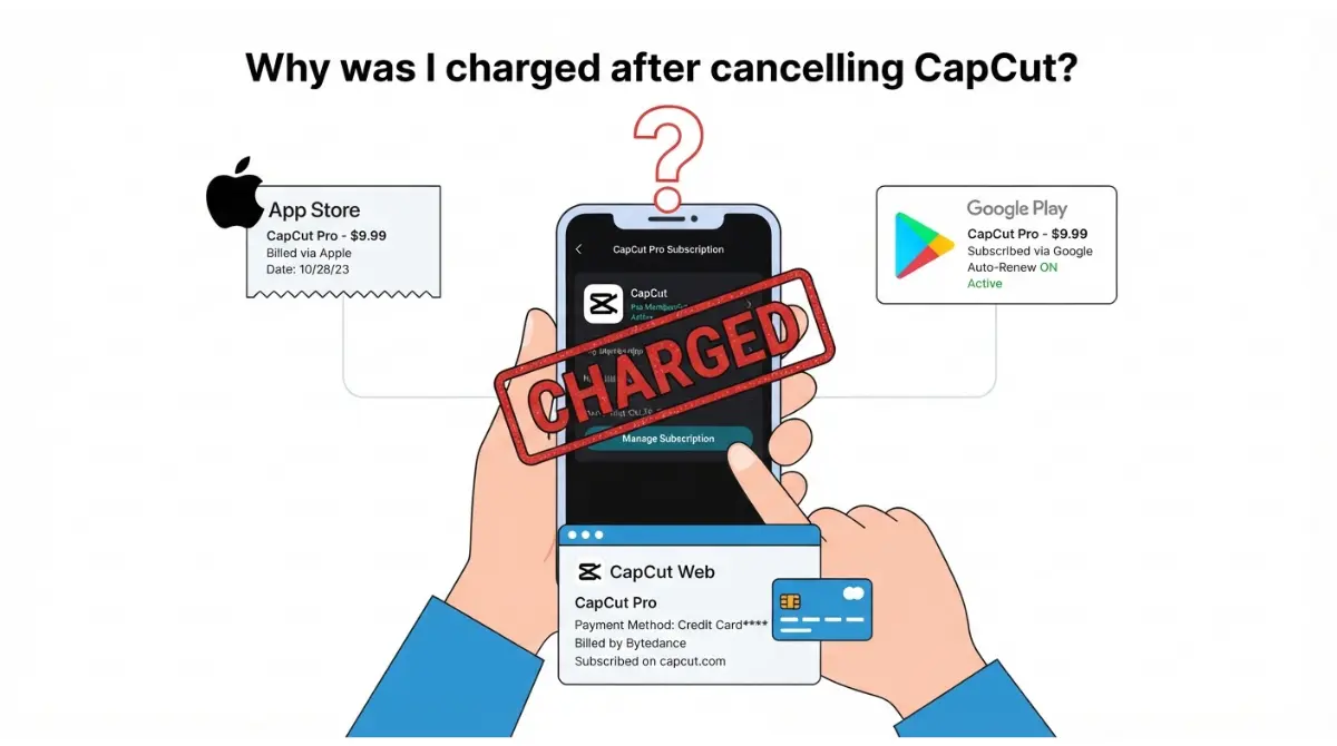 CapCut Charged after cancellation — featured vector showing Apple, Google Play, and web billing paths