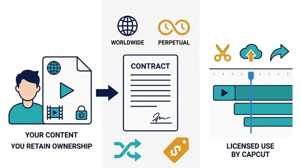 Diagram explaining that CapCut users Own their content while granting CapCut a perpetual, worldwide, sublicensable license