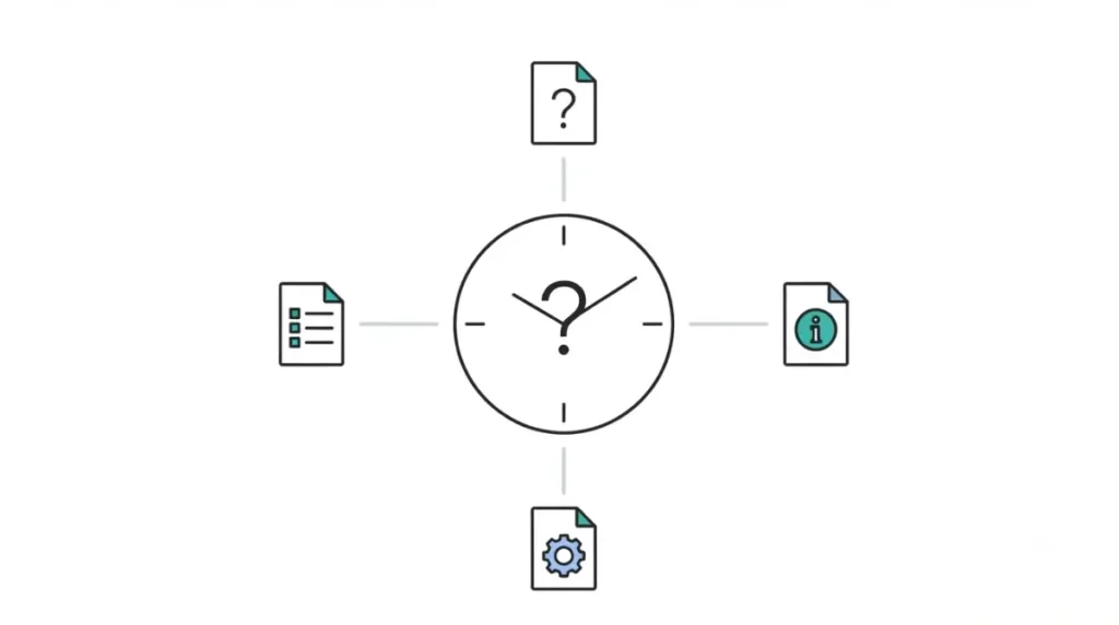 CapCut Customer Support reply time concept shown with a clock and question mark beside help documents in a vector illustration.