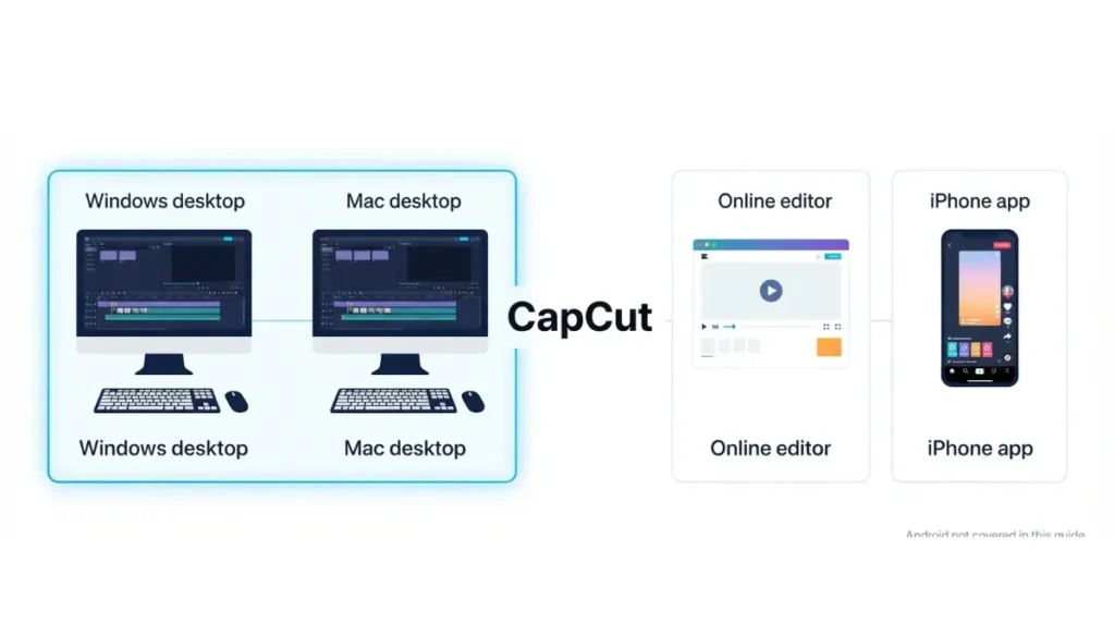 CapCut platform requirements for Windows desktop, Mac desktop, browser editor, and iPhone app