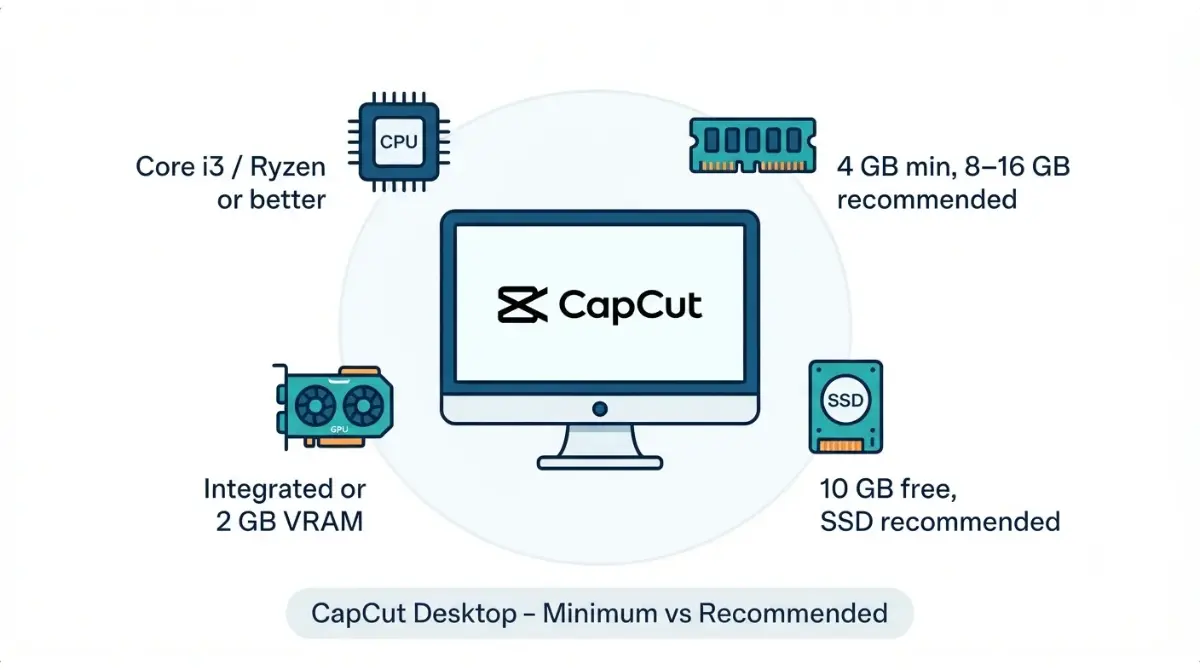 CapCut Desktop system requirements illustrated with CPU, RAM, GPU and storage icons