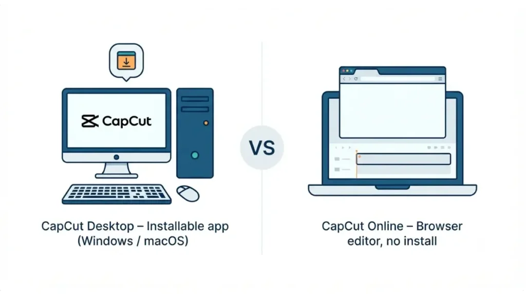 CapCut Desktop installable app versus CapCut Online browser editor illustrated