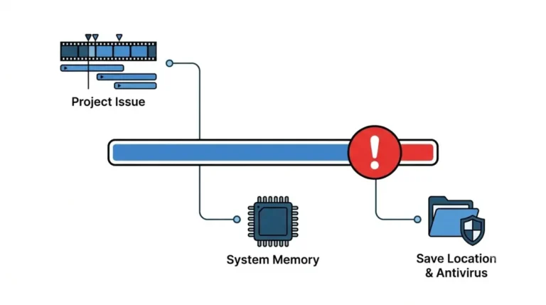 CapCut export error Codes triage diagram showing whether the issue is in the project timeline, Windows virtual memory, or the save folder and antivirus.