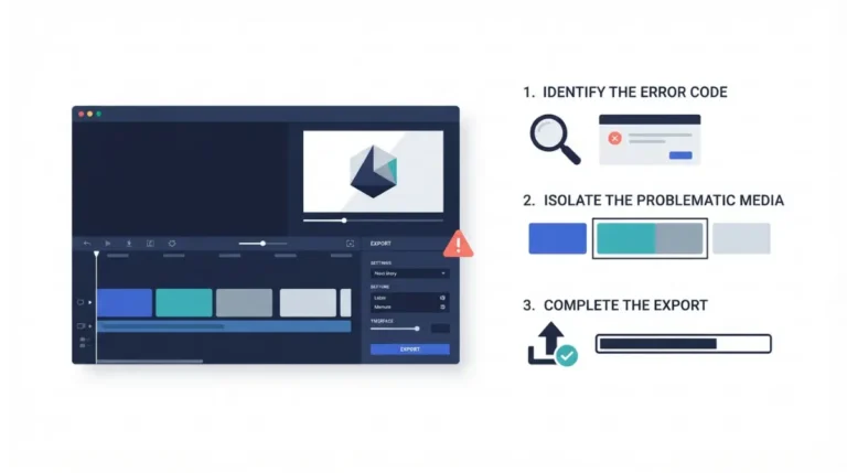 CapCut Export Error Codes troubleshooting illustration showing a video editing timeline, export warning, and diagnostic steps