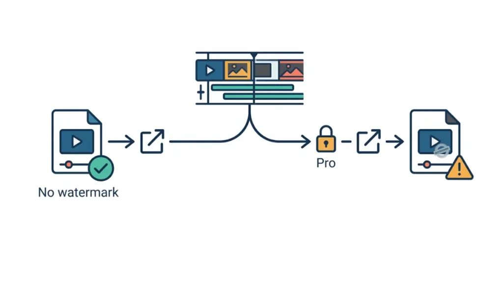 CapCut free export diagram showing when a Pro prompt can lead to a watermarked mobile video export